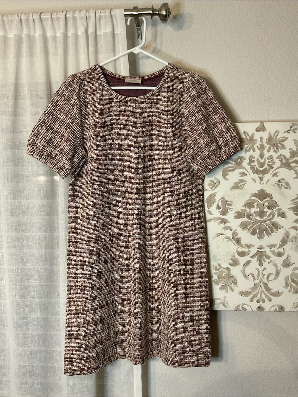Loft Tweed Shift Dress in Burgundy and Cream